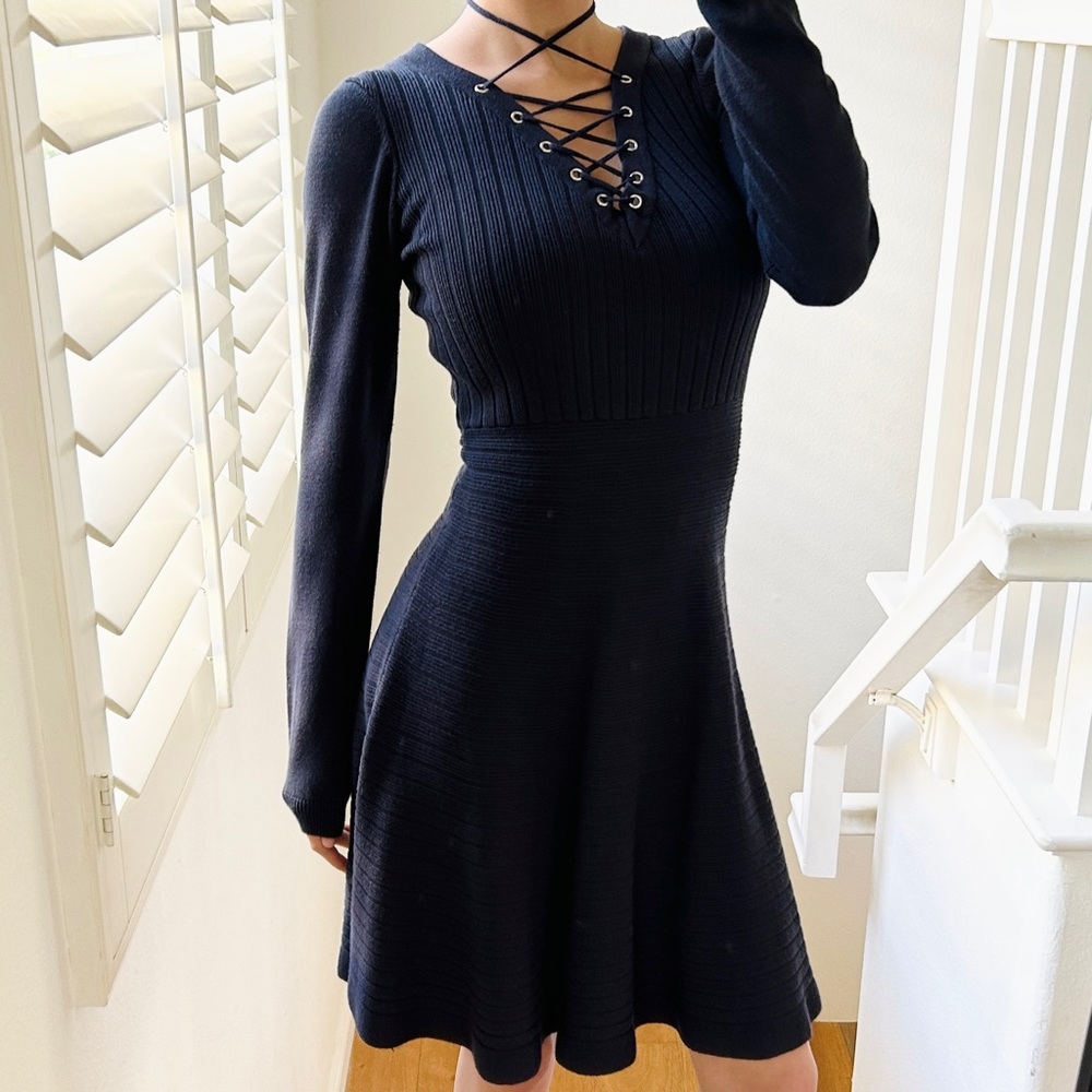 Navy Ribbed Lace Up Sweater Dress Goth Alt